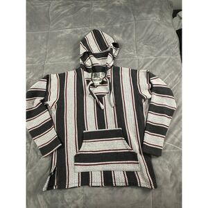 Senor Lopez Baja Hoodie Mens Small Gray White‎ Red Striped Mexican Pullover